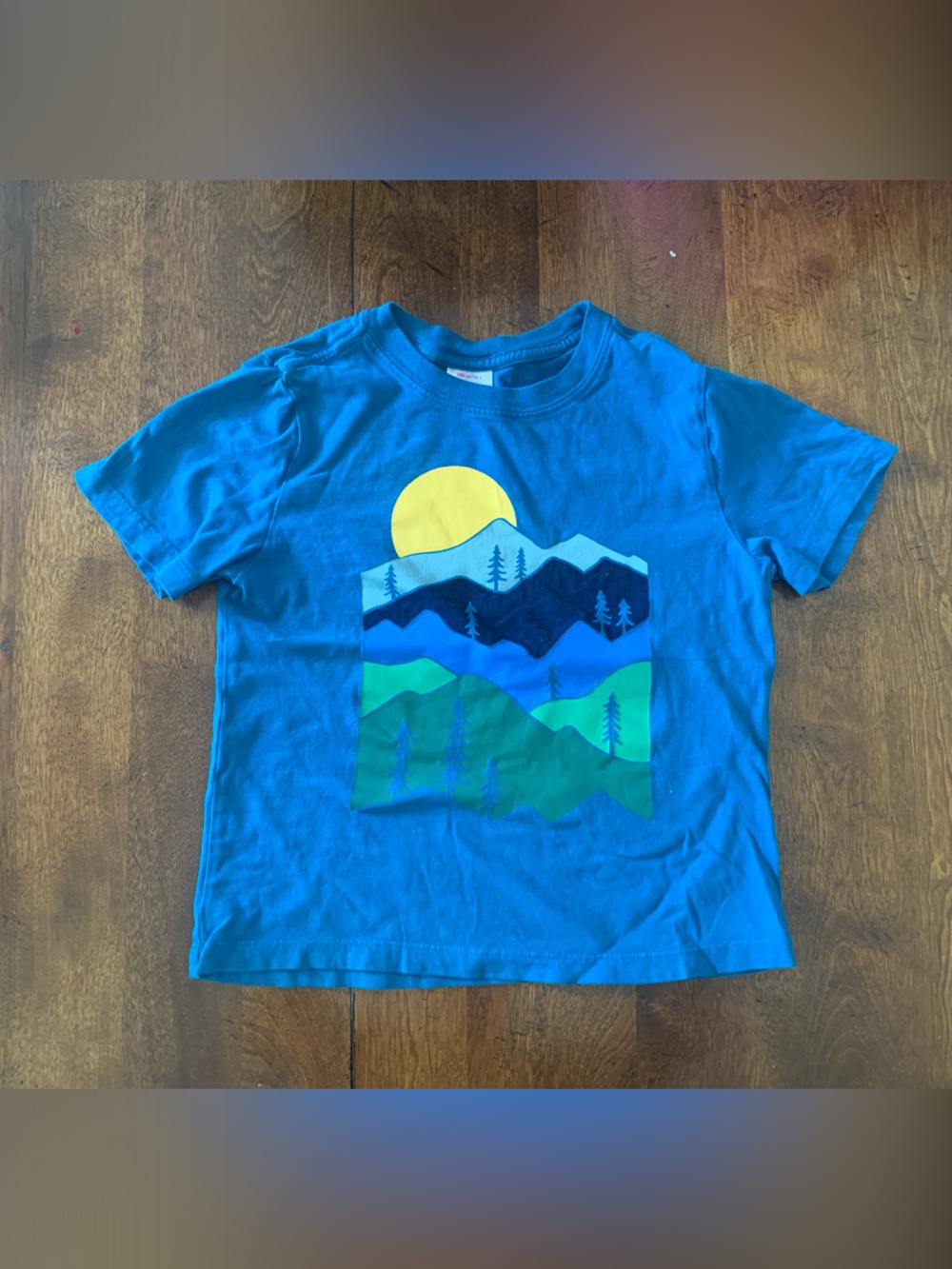 Hanna Andersson Blue Tee with Yellow Sun and Green Mountain Graphic